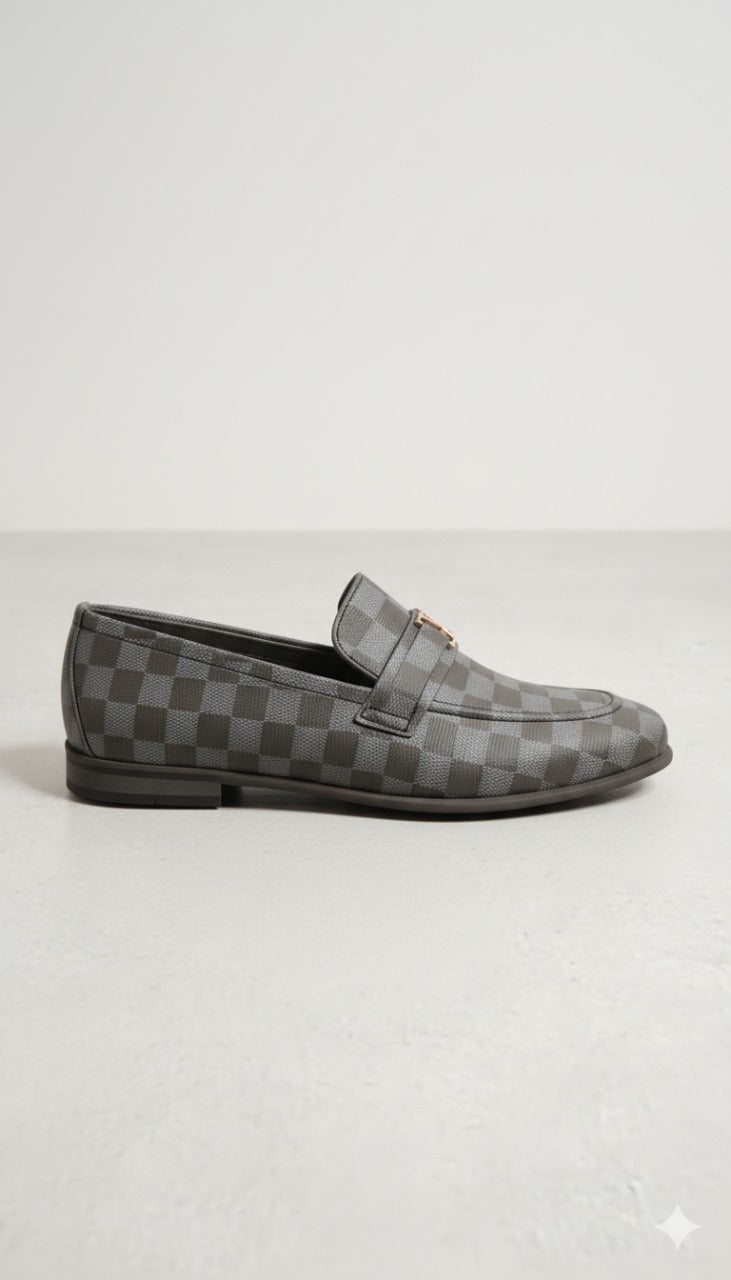 TS Store: Grey Checkered-Print Loafers with Signature Gold 'V' Buckle