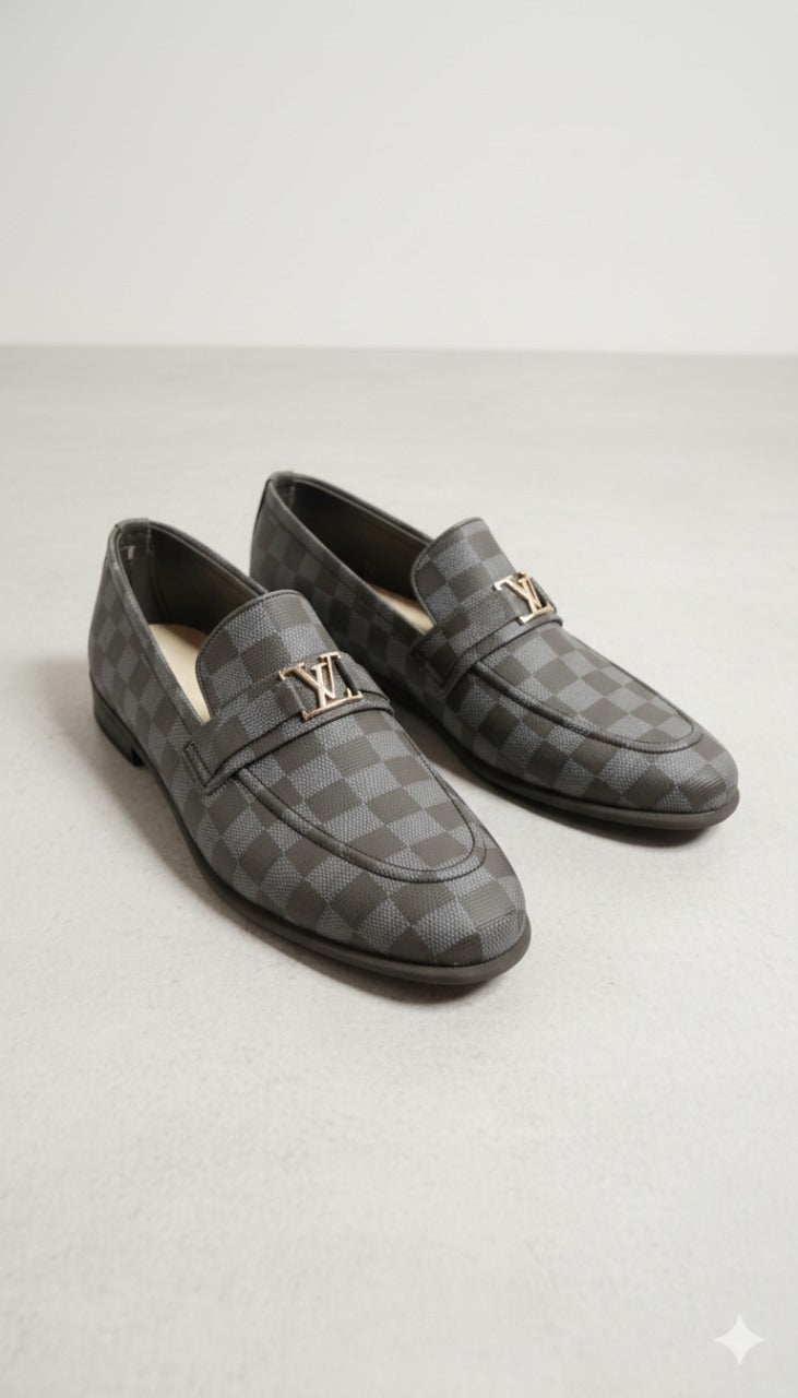 TS Store: Grey Checkered-Print Loafers with Signature Gold 'V' Buckle