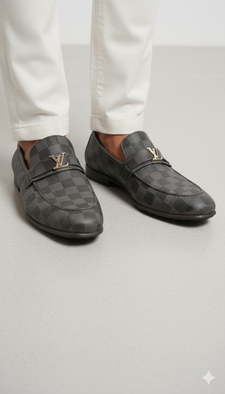 TS Store: Grey Checkered-Print Loafers with Signature Gold 'V' Buckle