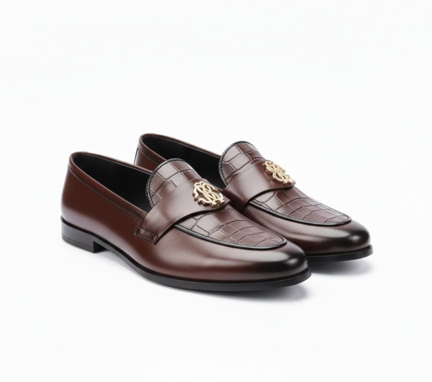 TS Store: Mixed-Leather Loafer with Gold Monogram Accent - Rich Brown