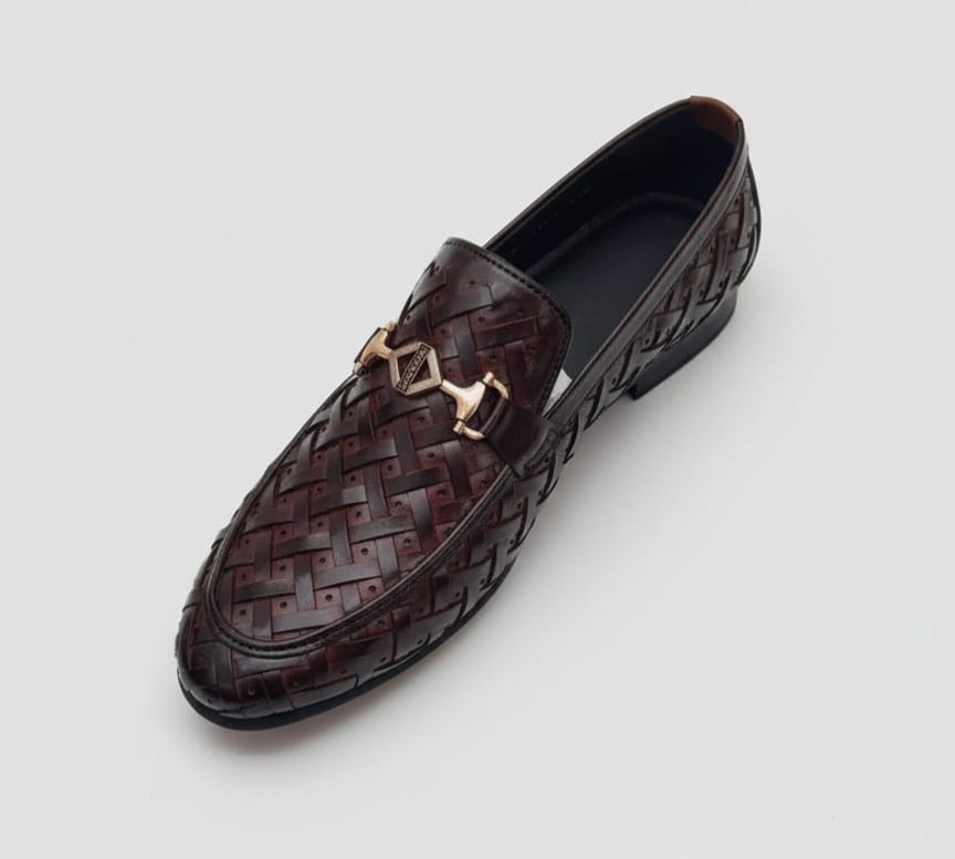 TS Store: Woven Leather Loafers with Gold Horsebit Buckle - Dark Brown